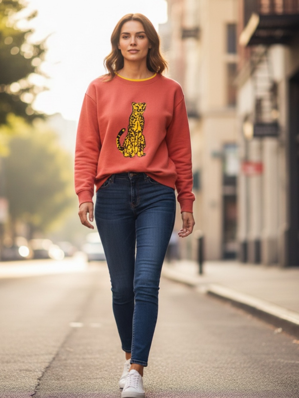 Jane and Delancey Red Sweatshirt with Yellow Leopard Patch